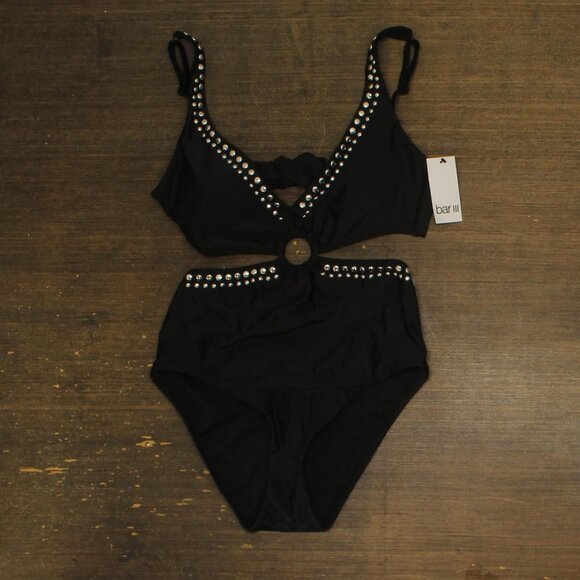 NWT Bar III Womens Tell Me About It Studded One Piece Swimsuit Black / Silver S - Picture 2 of 6